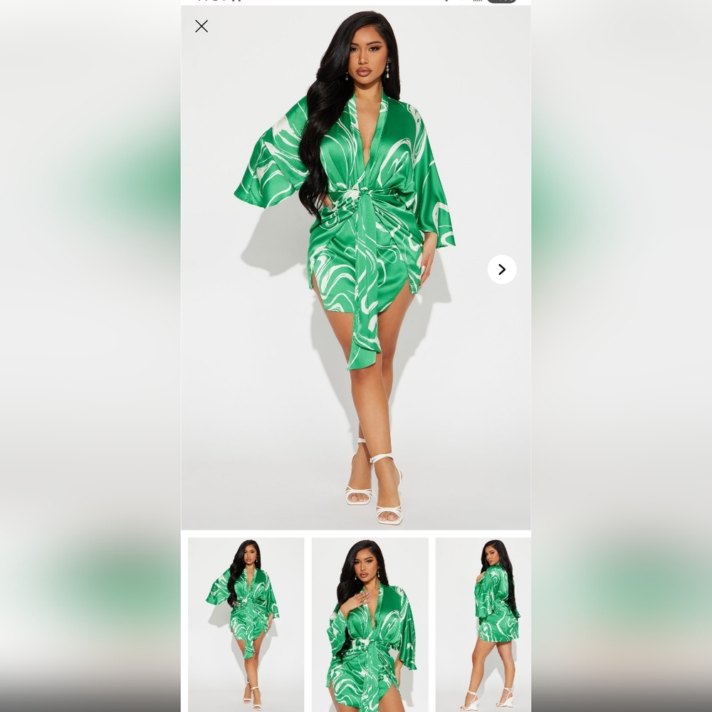A Work of Art Satin Mini Dress - Green Swirl Kimono Dress